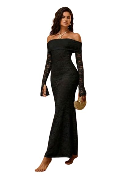 Off Shoulder Lace Maxi Dress — Black
