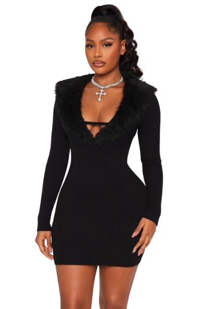 Deep V Neck Bodycon Mini Dress — Black