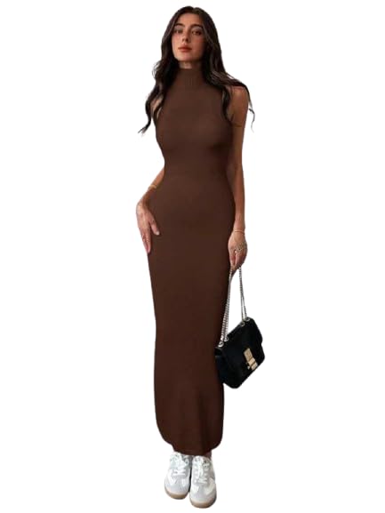 High Neck Sleeveless Dress — Brown