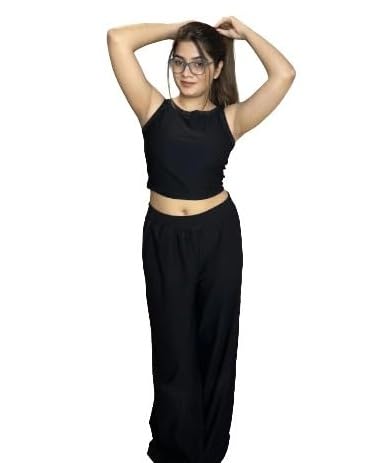 Women Slim Fit Crop Top & Pant Co-Ord Set — Black