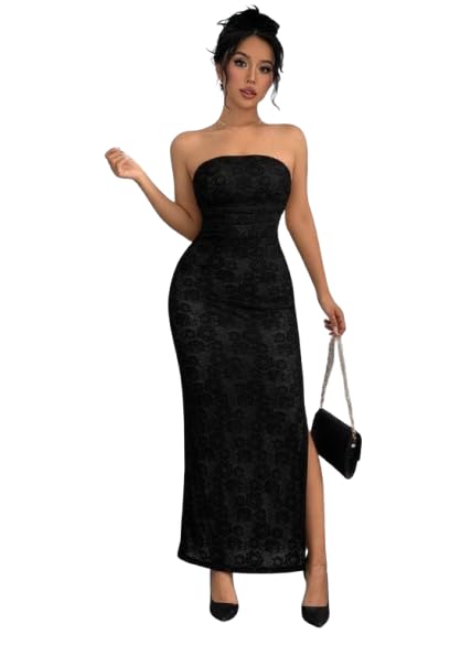 Strapless Lace Maxi Dress — Black