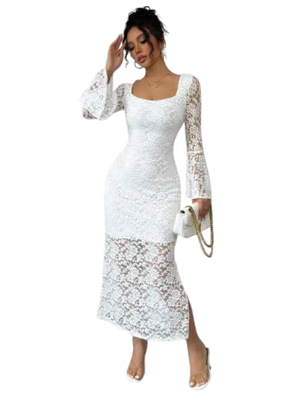 Square Neck Lace Bodycon Dress — White