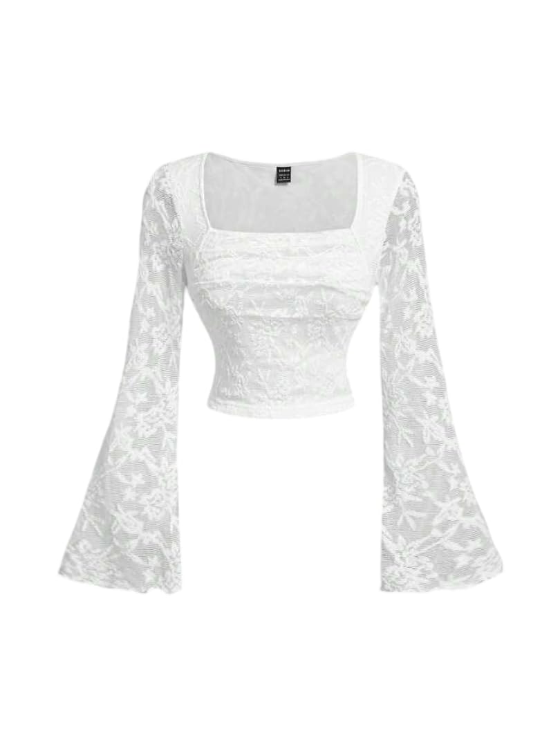 Lace Work Crop Top — Floral Lace Bell Long Sleeve Top