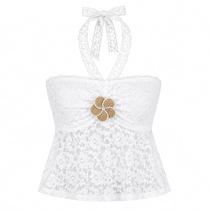 Lace Halter Neck Peplum Top — White