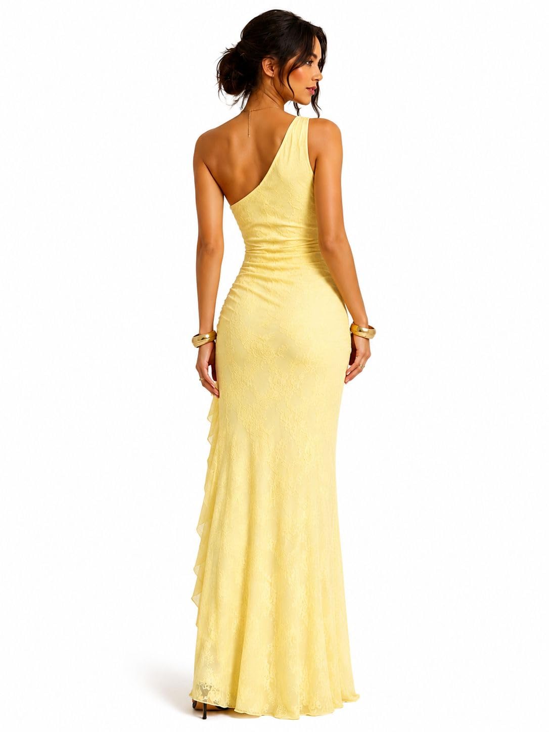 Lace _one _shoulder_side_ruffle _dress