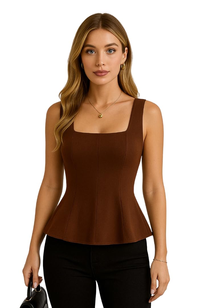 Square Neck A-Line Tops — Brown