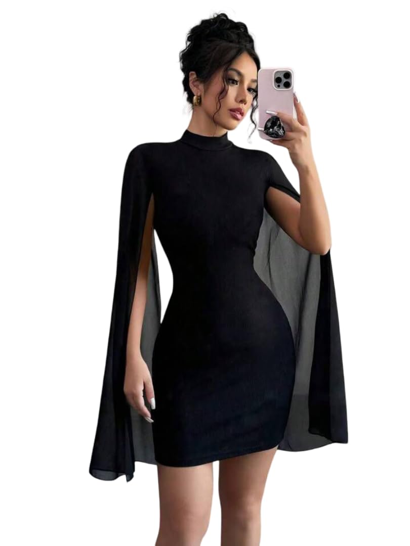 Cape Sleeve Mini Dress — Black