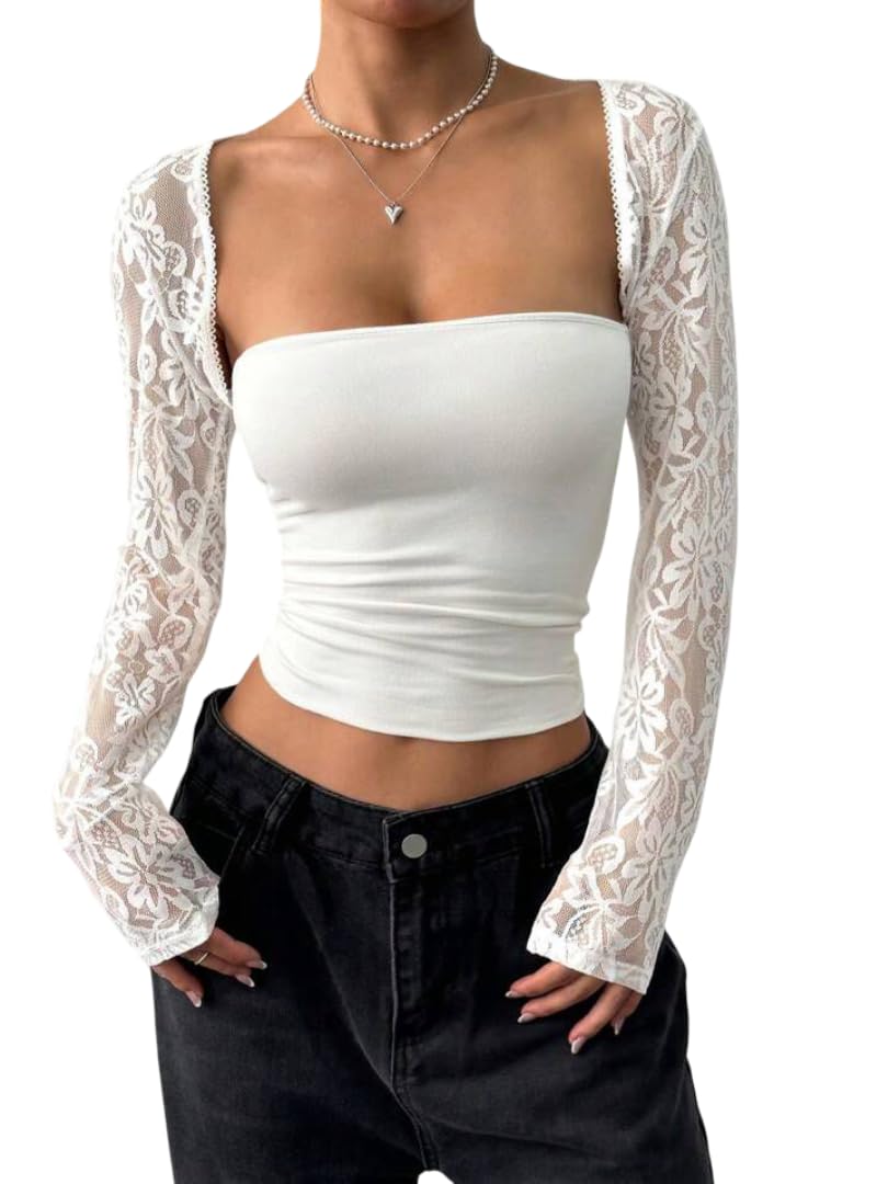 Lace Work Crop Top — Front Open Mesh Lace Top