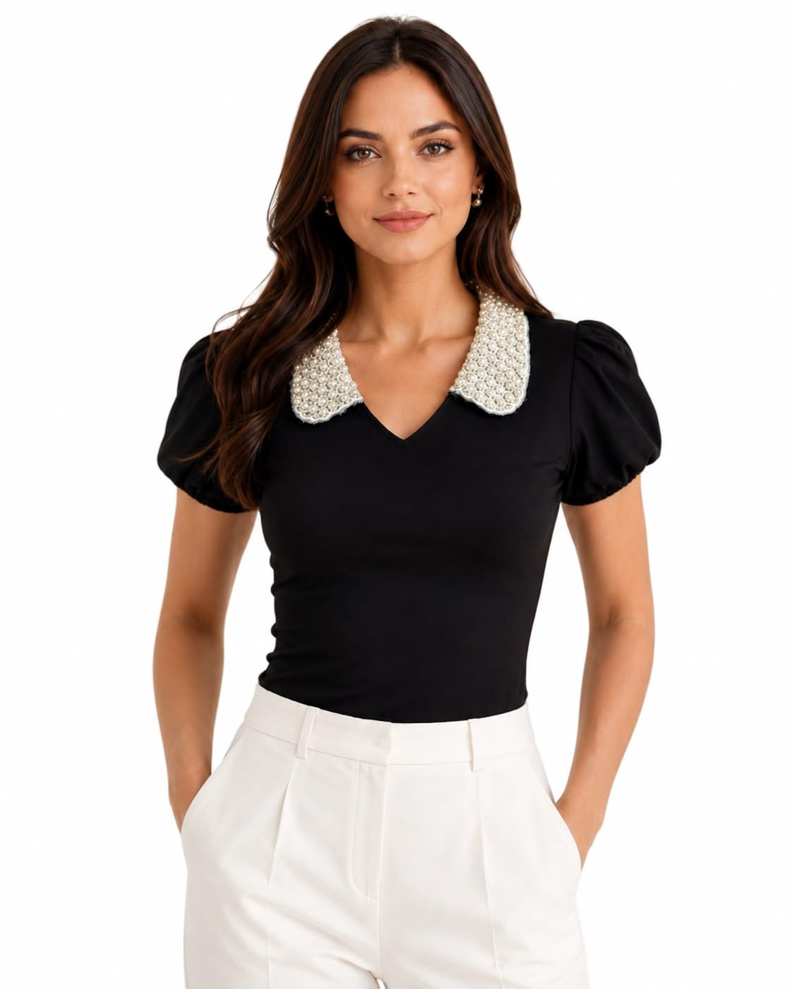 OOTDFY Women's Yellow Floral Lace Halter Neck Crop Top | Sleeveless Slim Fit Lace Blouse with 3D Flower Detail | Casual Western Party Top for Vacation, Date Night — Black