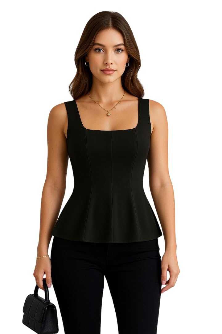 Square Neck A-Line Tops — Black