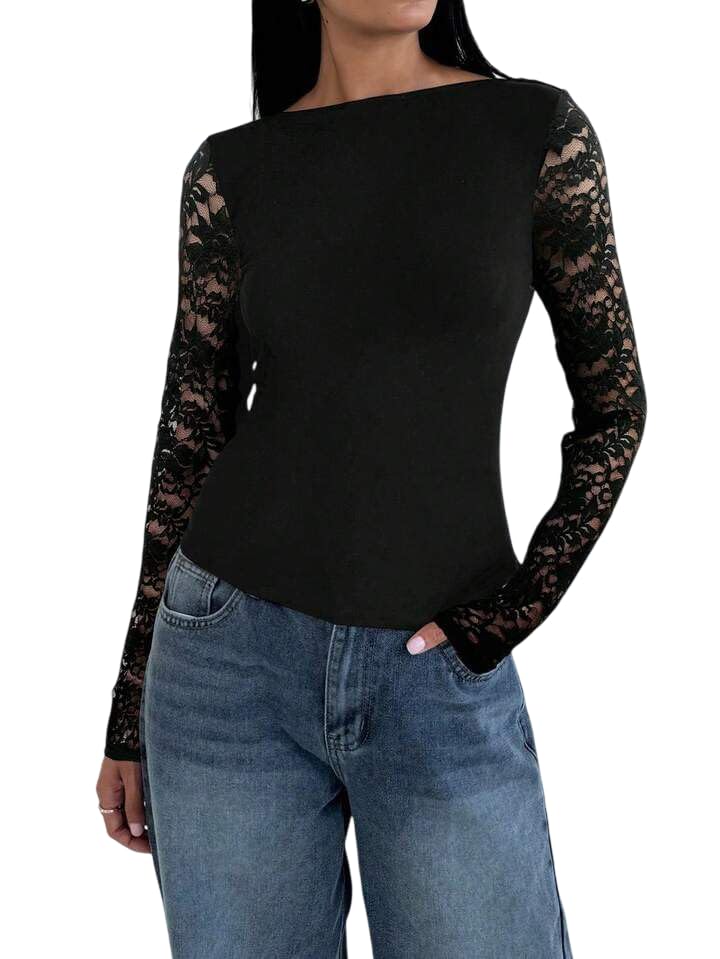 Elegant Lace U Back Top — Black