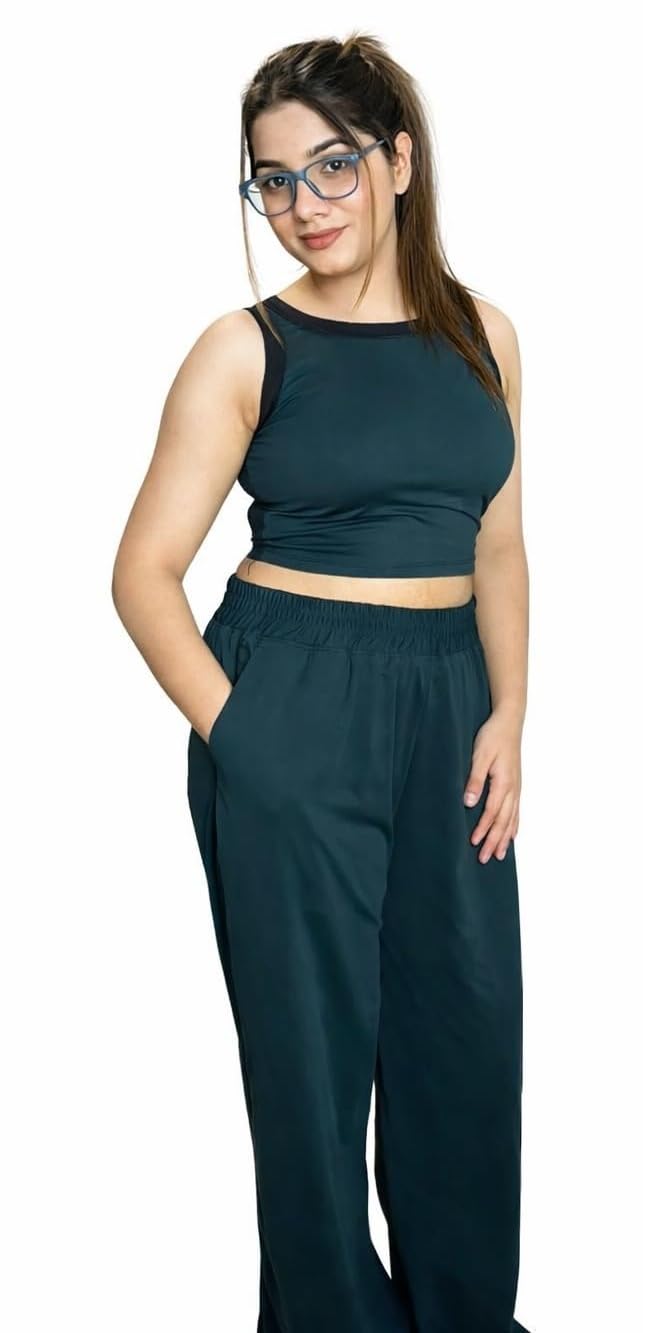 Women Slim Fit Crop Top & Pant Co-Ord Set — Teal Green