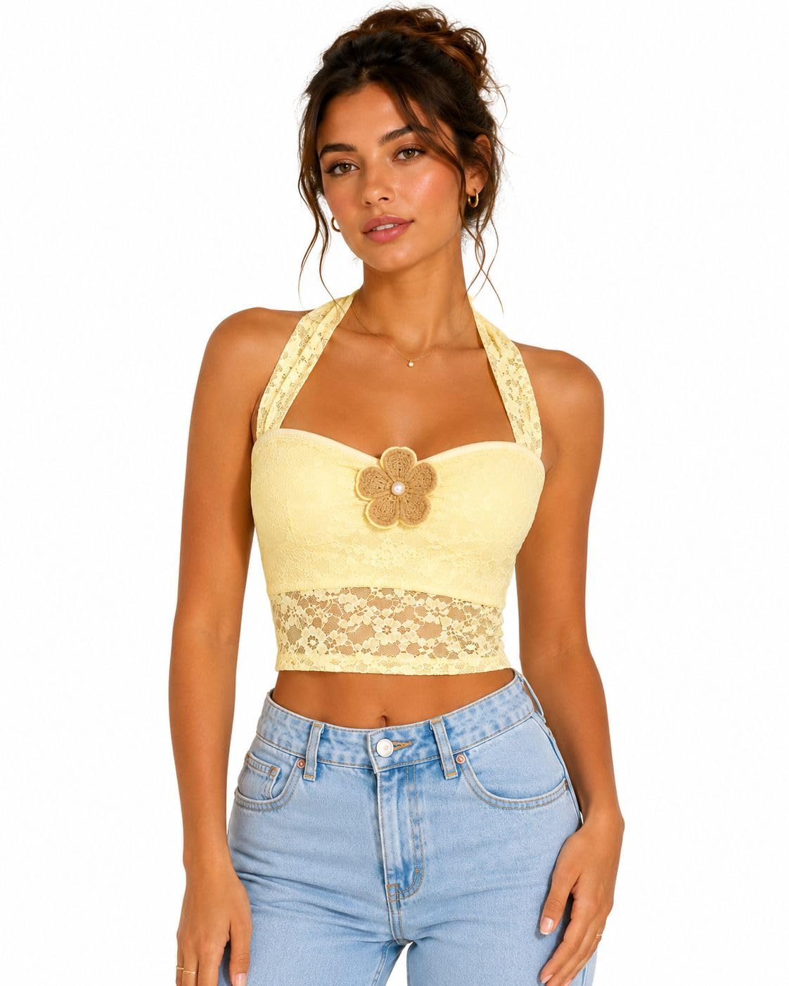 OOTDFY Women's Yellow Floral Lace Halter Neck Crop Top | Sleeveless Slim Fit Lace Blouse with 3D Flower Detail | Casual Western Party Top for Vacation, Date Night — Yellow