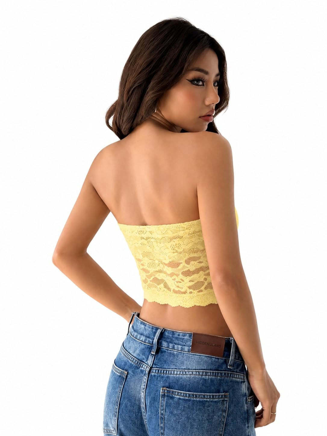 OOTDFY Women's Yellow Floral Lace Halter Neck Crop Top | Sleeveless Slim Fit Lace Blouse with 3D Flower Detail | Casual Western Party Top for Vacation, Date Night