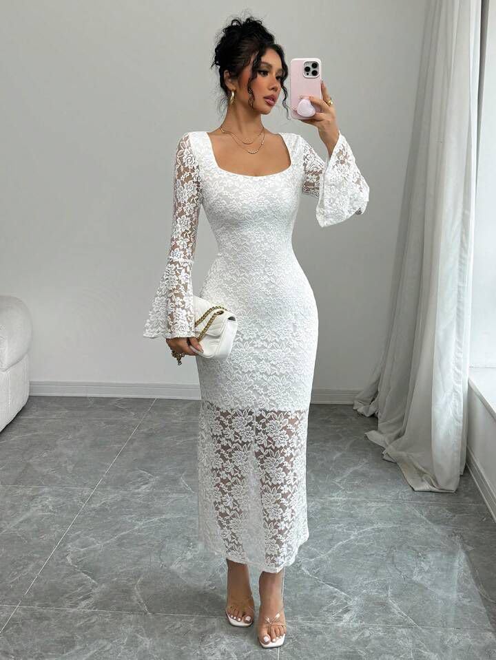 Square Neck Lace Bodycon Dress