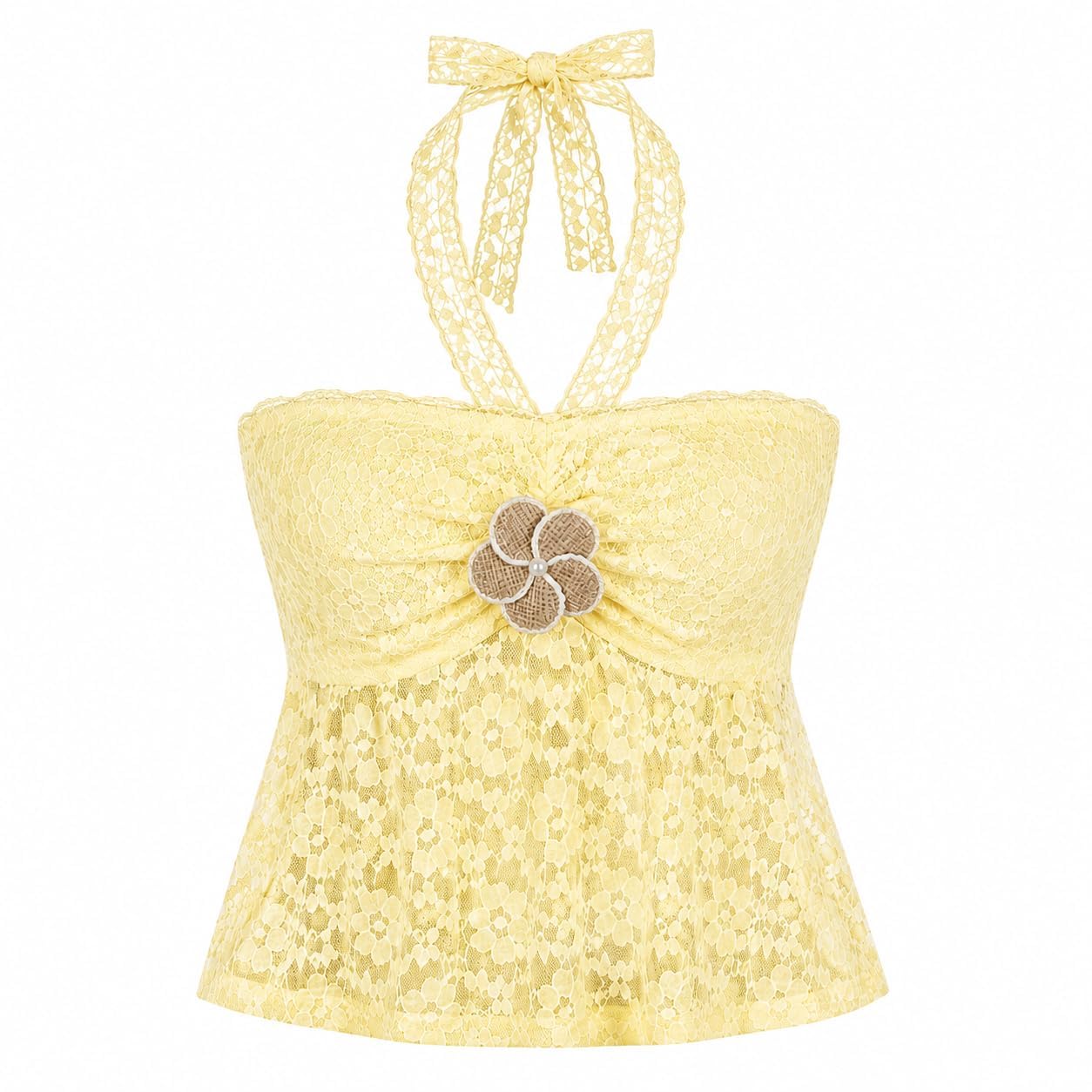 Lace Halter Neck Peplum Top — Lemon
