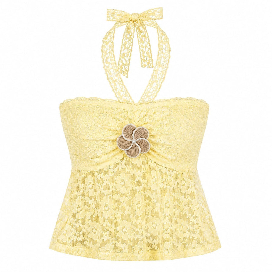 Lace Halter Neck Peplum Top — Lemon