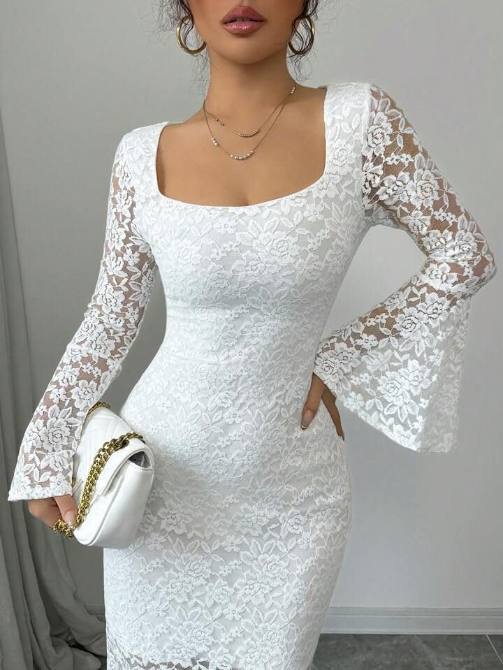 Square Neck Lace Bodycon Dress