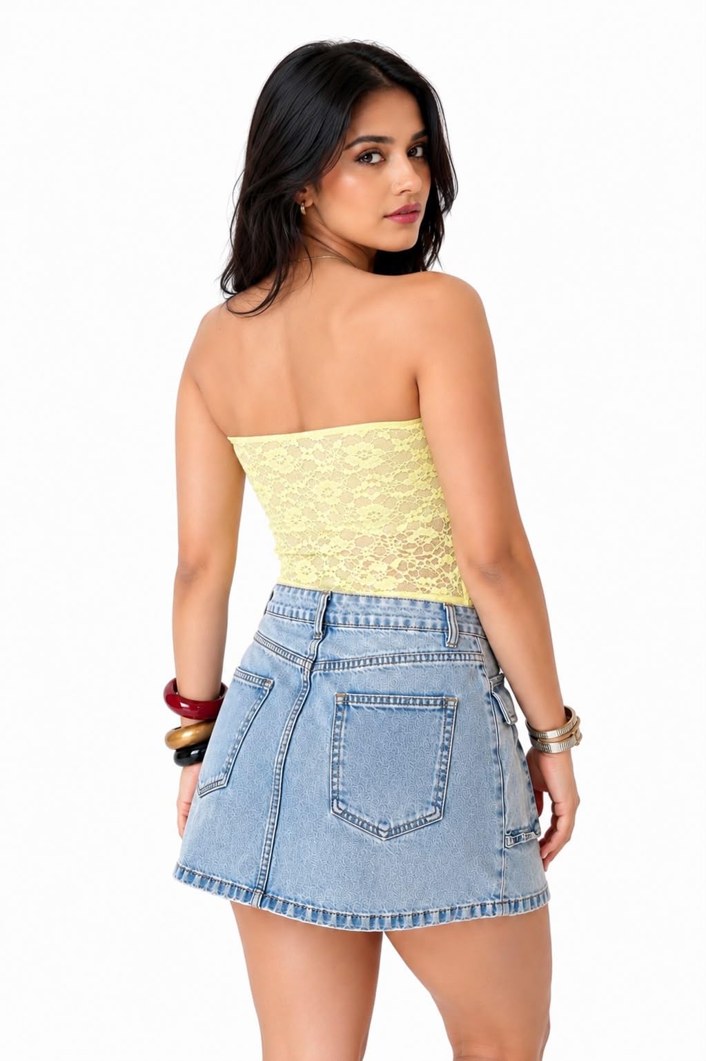 OOTDFY Women's Yellow Floral Lace Halter Neck Crop Top | Sleeveless Slim Fit Lace Blouse with 3D Flower Detail | Casual Western Party Top for Vacation, Date Night