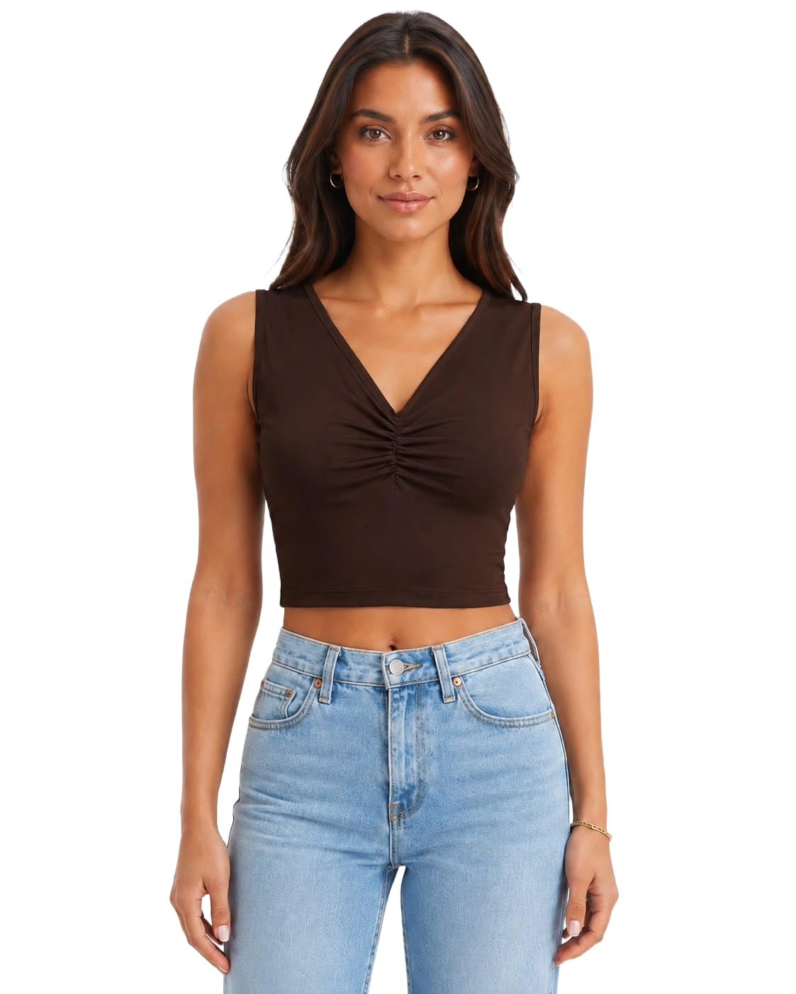 OOTDFY Women's Yellow Floral Lace Halter Neck Crop Top | Sleeveless Slim Fit Lace Blouse with 3D Flower Detail | Casual Western Party Top for Vacation, Date Night — Brown