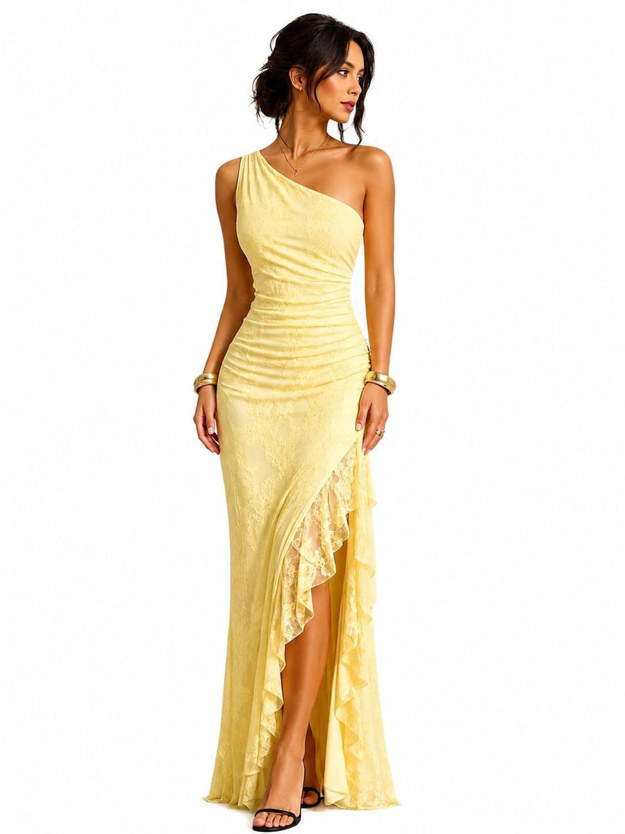 Lace _one _shoulder_side_ruffle _dress — Yellow