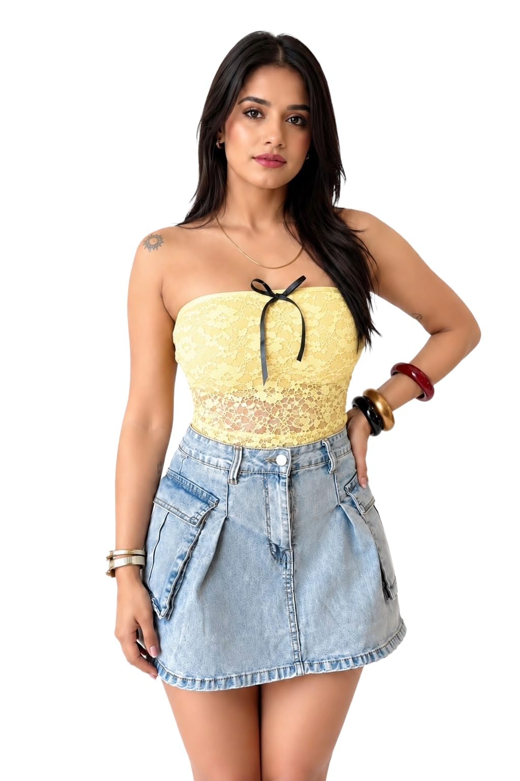 OOTDFY Women's Yellow Floral Lace Halter Neck Crop Top | Sleeveless Slim Fit Lace Blouse with 3D Flower Detail | Casual Western Party Top for Vacation, Date Night — Yellow
