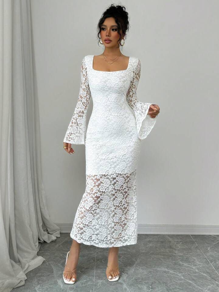 Square Neck Lace Bodycon Dress
