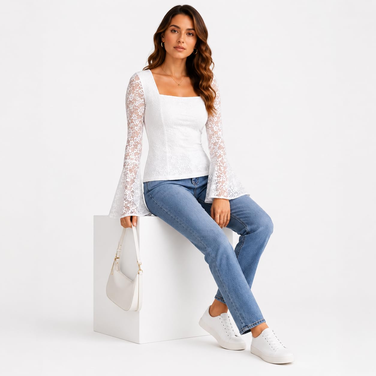 OOTDFY Women's Elegant White Lace Long Bell Sleeve Top, Square Neck Floral Pattern, Fitted Style, Stretch Fabric, Casual (in, Alpha, S, Regular, Women, Floral Lace Bell Long Sleeve Top)