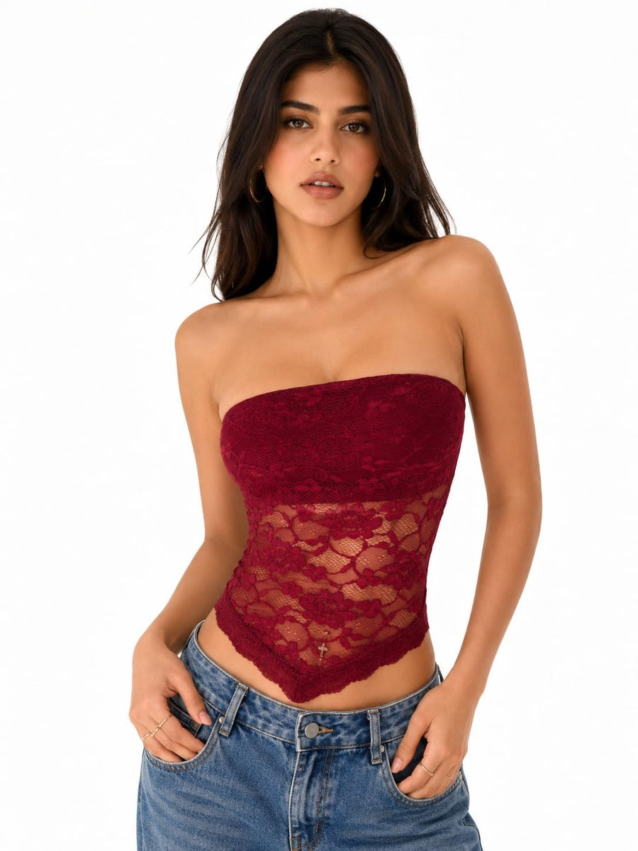 OOTDFY Women's Yellow Floral Lace Halter Neck Crop Top | Sleeveless Slim Fit Lace Blouse with 3D Flower Detail | Casual Western Party Top for Vacation, Date Night — Maroon
