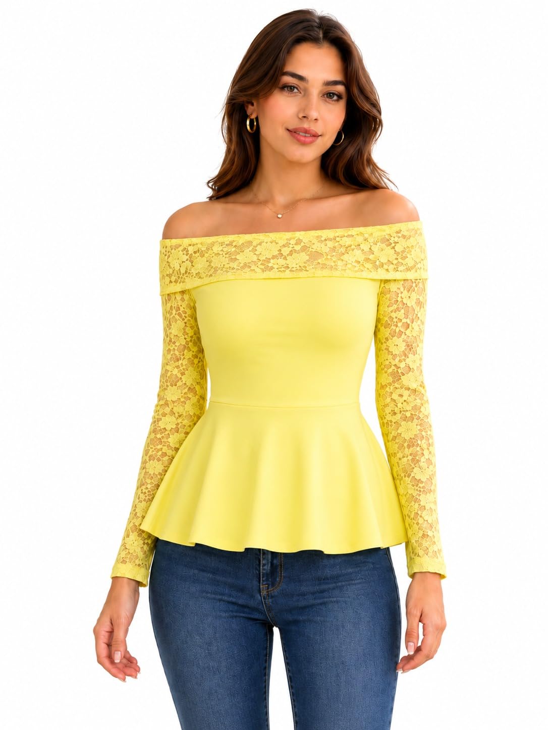 OOTDFY Women's Yellow Floral Lace Halter Neck Crop Top | Sleeveless Slim Fit Lace Blouse with 3D Flower Detail | Casual Western Party Top for Vacation, Date Night — Yellow