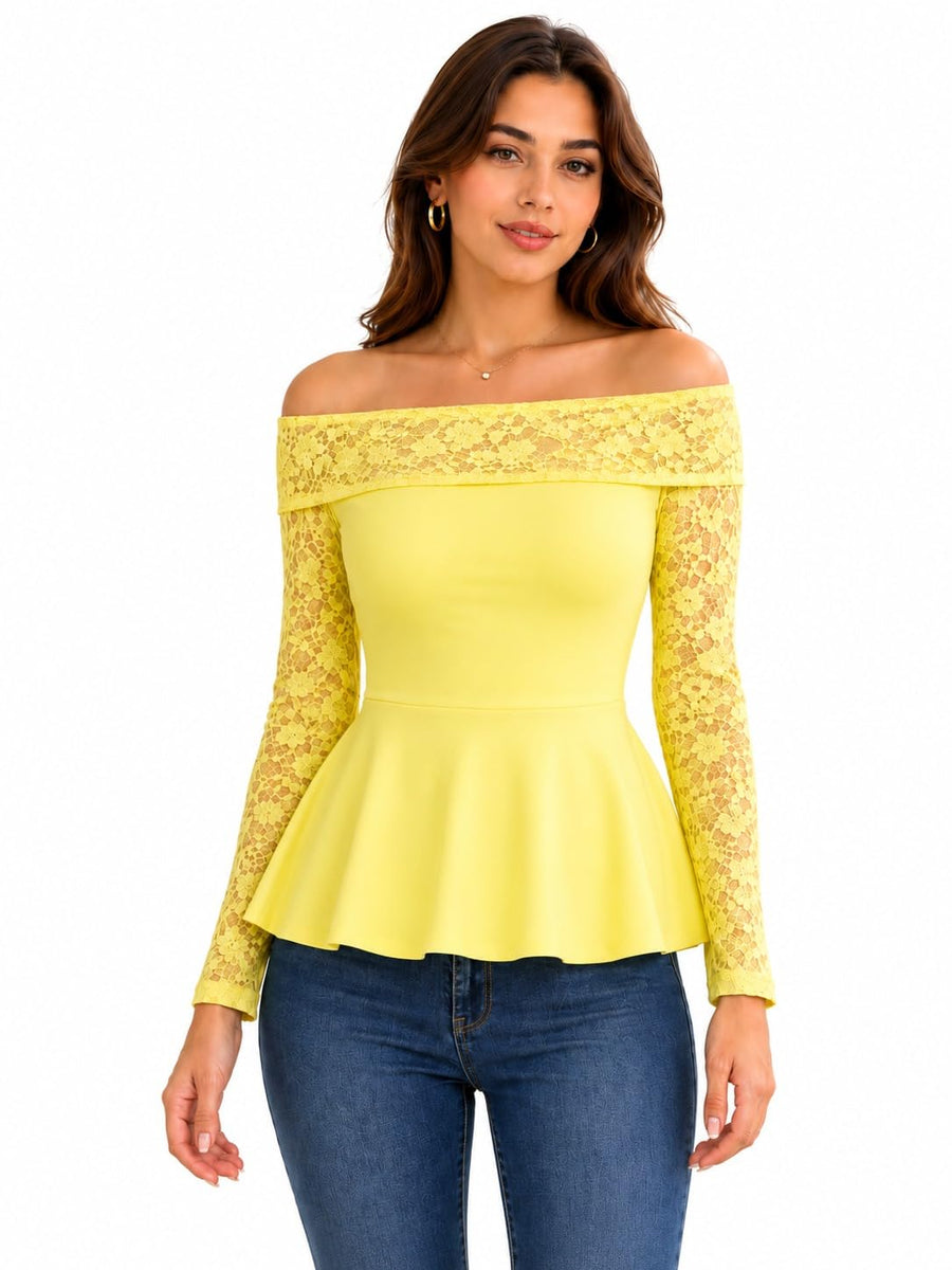OOTDFY Women's Yellow Floral Lace Halter Neck Crop Top | Sleeveless Slim Fit Lace Blouse with 3D Flower Detail | Casual Western Party Top for Vacation, Date Night — Yellow
