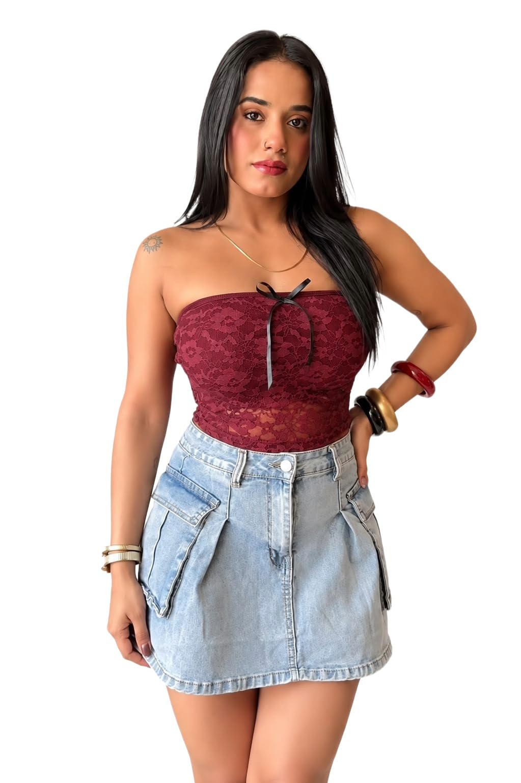 OOTDFY Women's Yellow Floral Lace Halter Neck Crop Top | Sleeveless Slim Fit Lace Blouse with 3D Flower Detail | Casual Western Party Top for Vacation, Date Night — Maroon