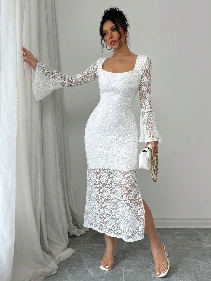 Square Neck Lace Bodycon Dress