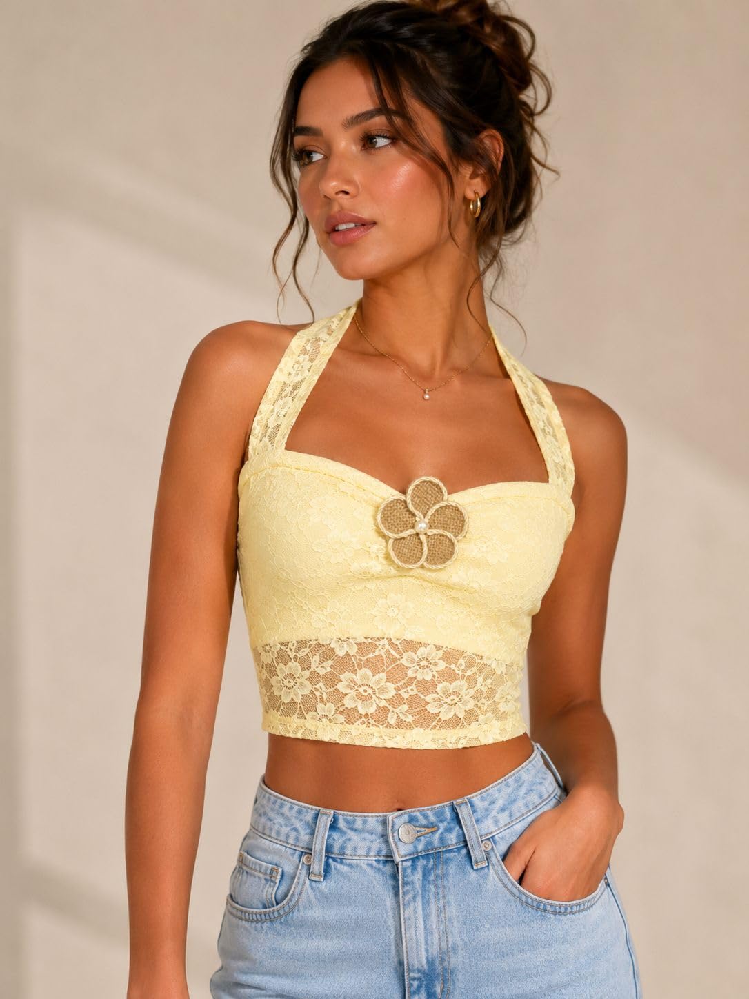 OOTDFY Women's Yellow Floral Lace Halter Neck Crop Top | Sleeveless Slim Fit Lace Blouse with 3D Flower Detail | Casual Western Party Top for Vacation, Date Night