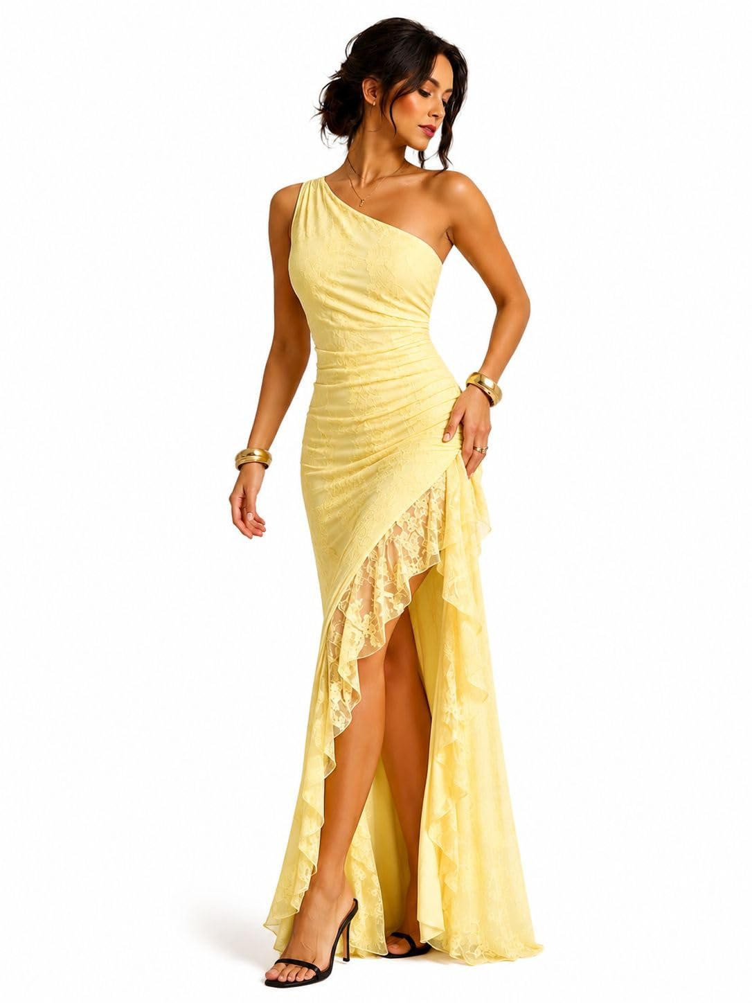 Lace _one _shoulder_side_ruffle _dress