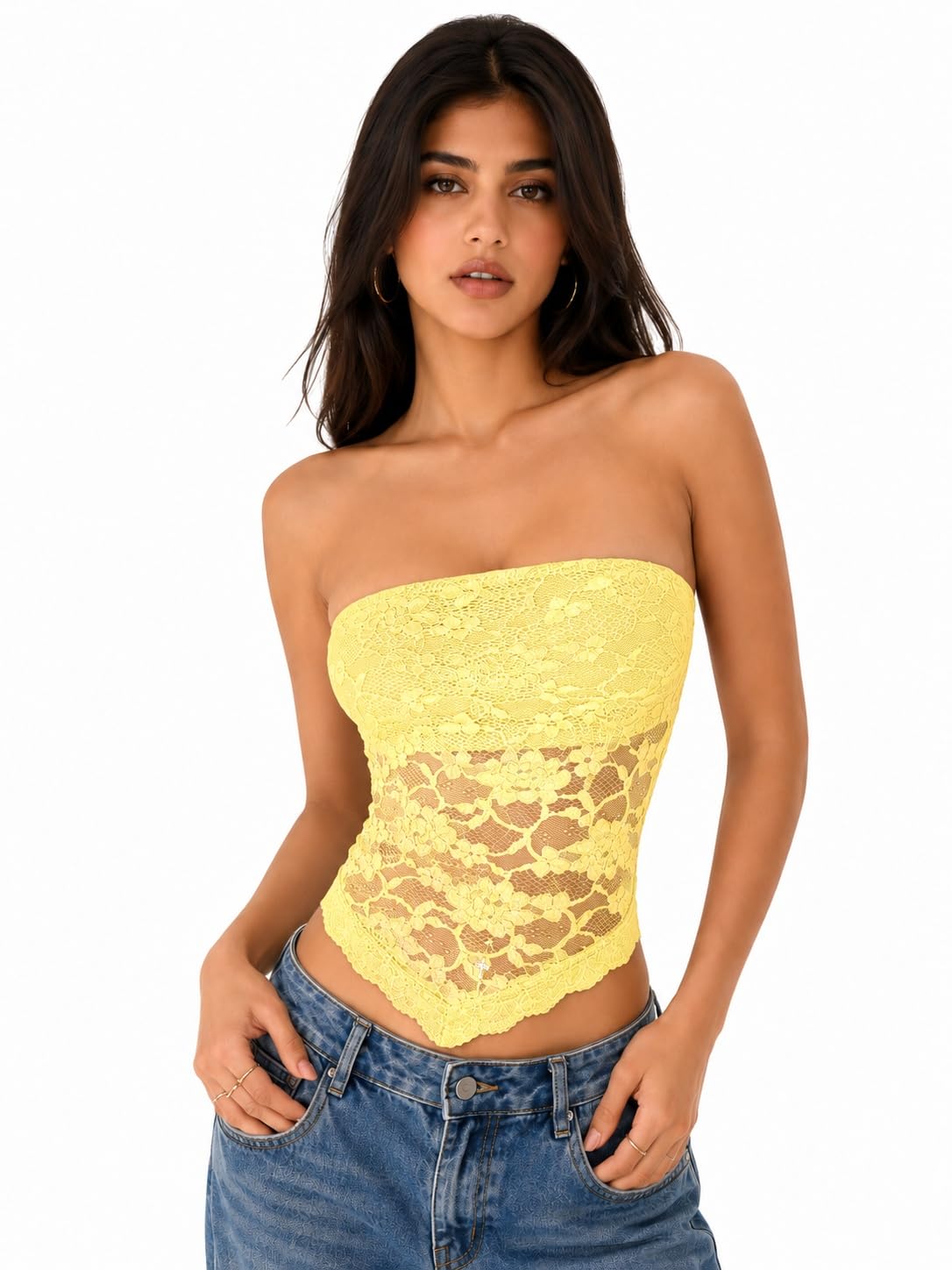 OOTDFY Women's Yellow Floral Lace Halter Neck Crop Top | Sleeveless Slim Fit Lace Blouse with 3D Flower Detail | Casual Western Party Top for Vacation, Date Night — Yellow