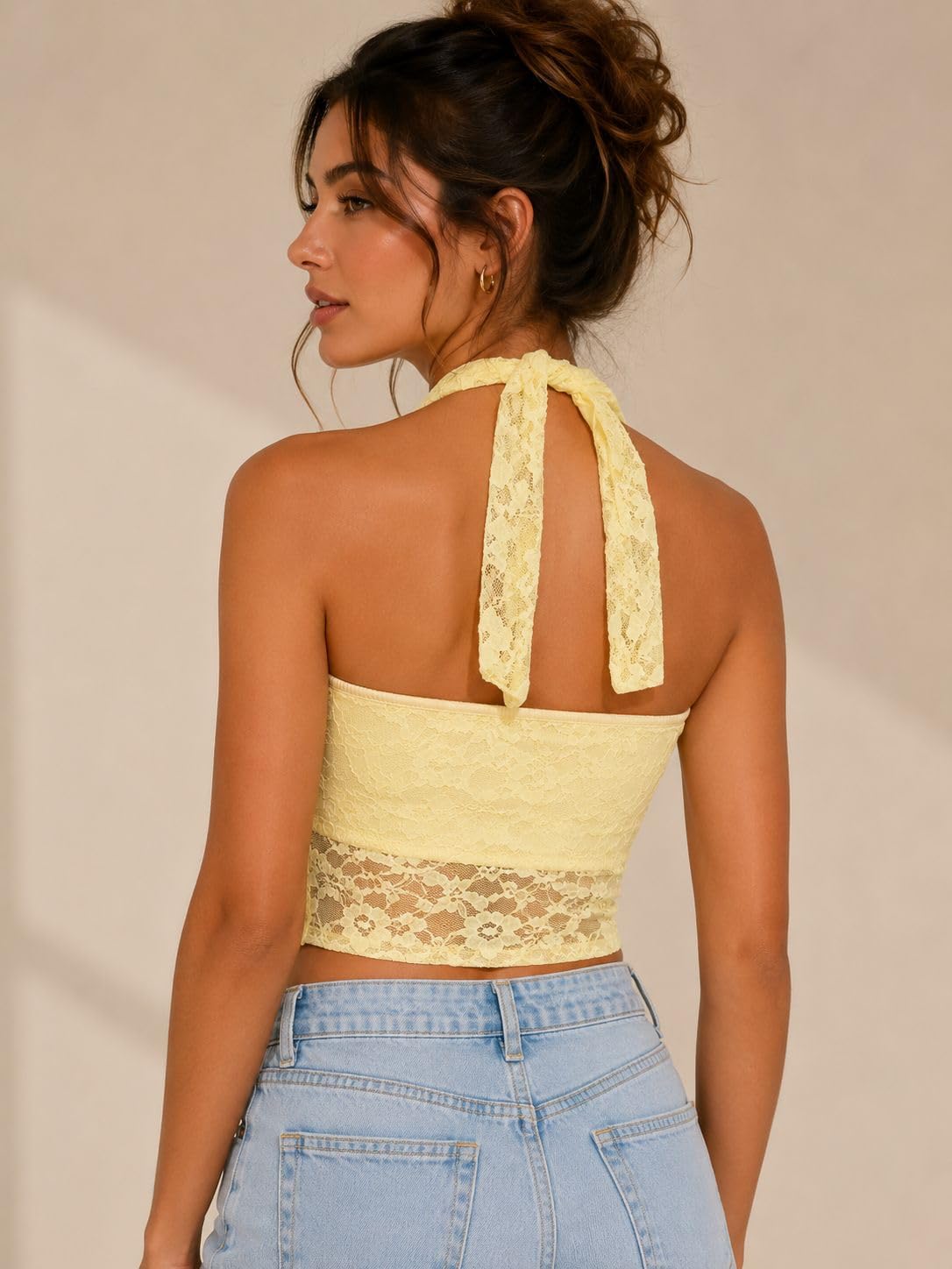 OOTDFY Women's Yellow Floral Lace Halter Neck Crop Top | Sleeveless Slim Fit Lace Blouse with 3D Flower Detail | Casual Western Party Top for Vacation, Date Night