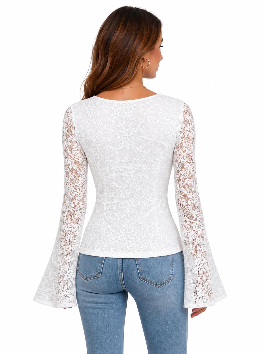 OOTDFY Women's Elegant White Lace Long Bell Sleeve Top, Square Neck Floral Pattern, Fitted Style, Stretch Fabric, Casual (in, Alpha, S, Regular, Women, Floral Lace Bell Long Sleeve Top)