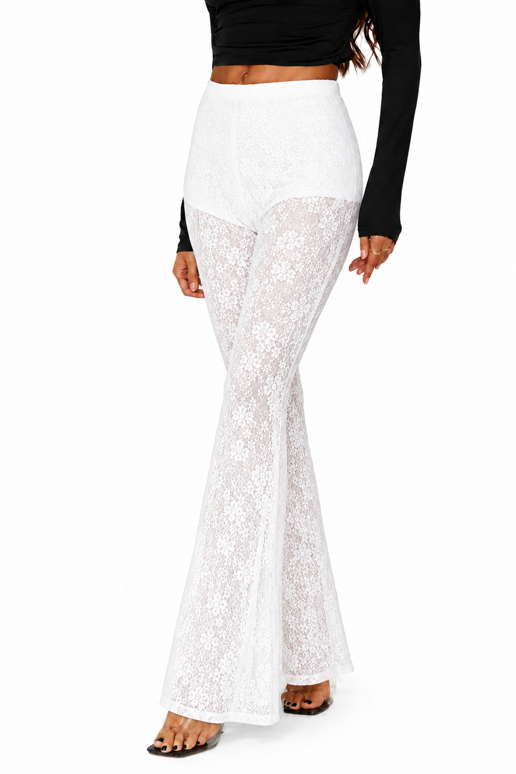 OOTDFY High-Waisted Floral Lace Bell Bottom Trousers