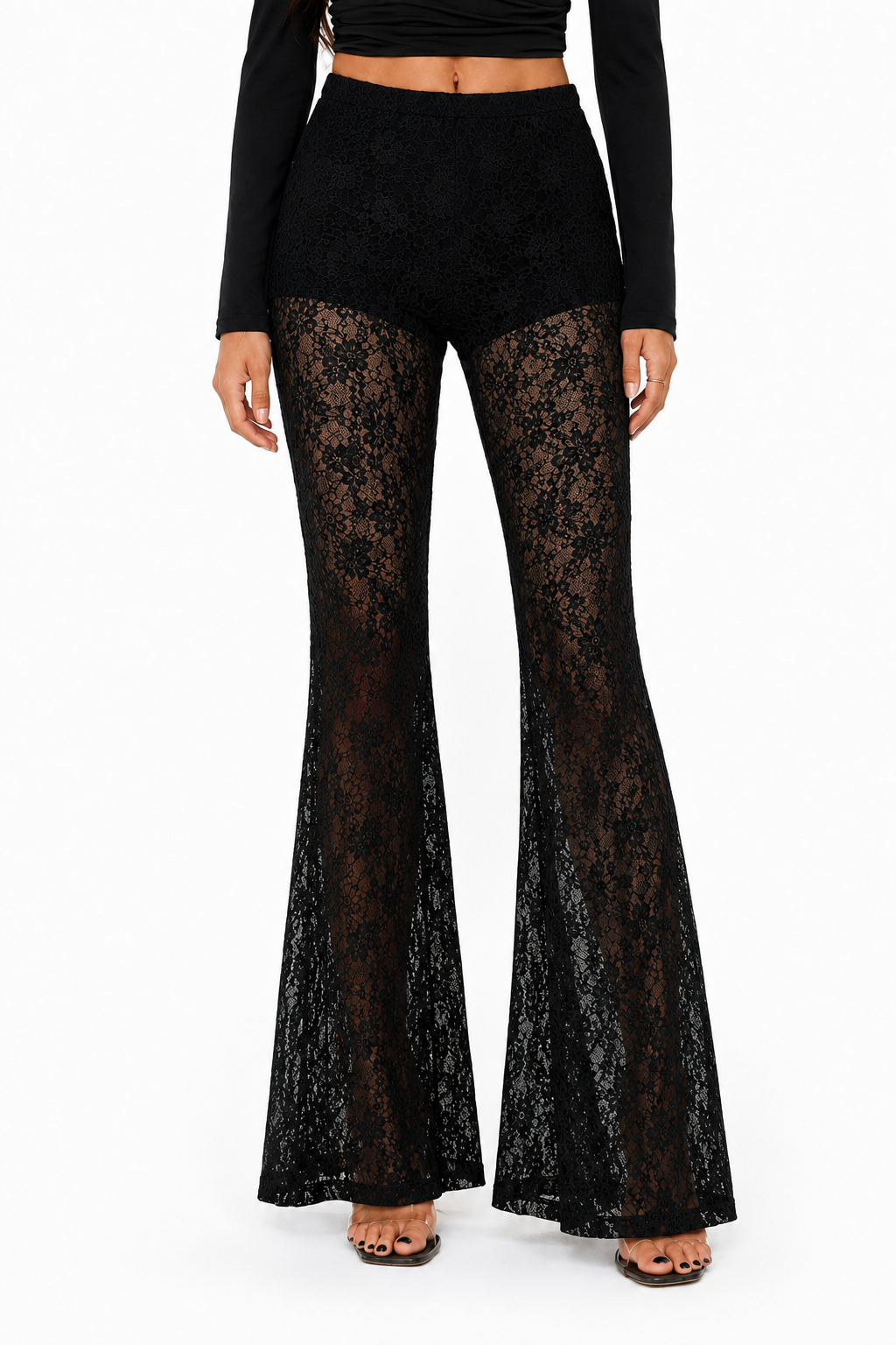 OOTDFY High-Waisted Floral Lace Bell Bottom Trousers