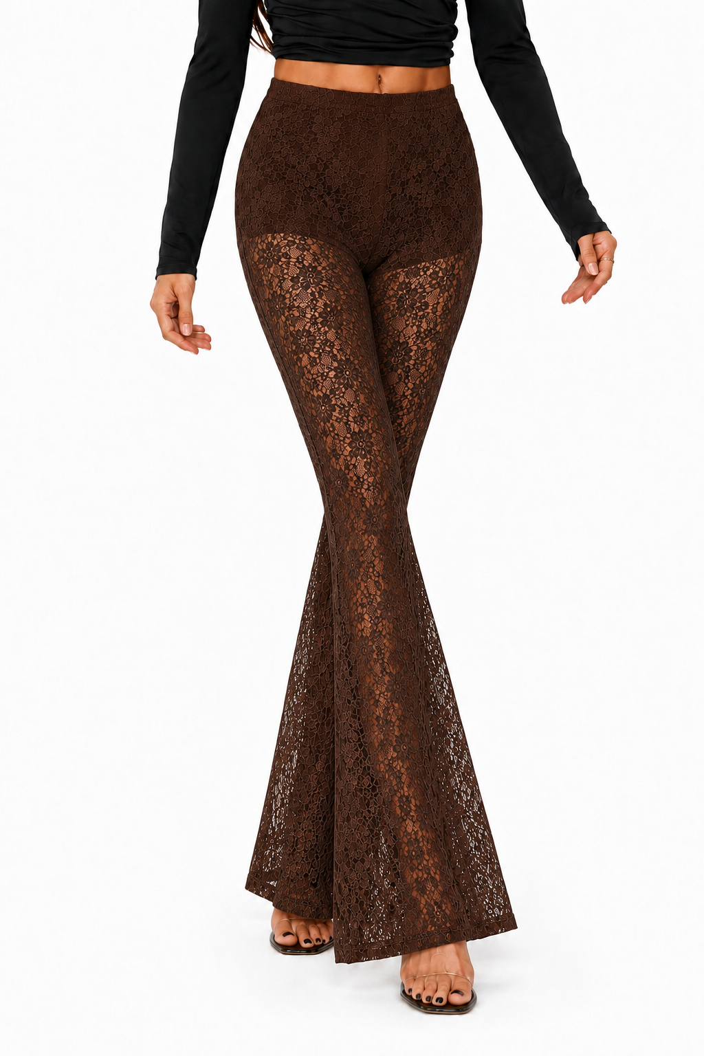 OOTDFY High-Waisted Floral Lace Bell Bottom Trousers