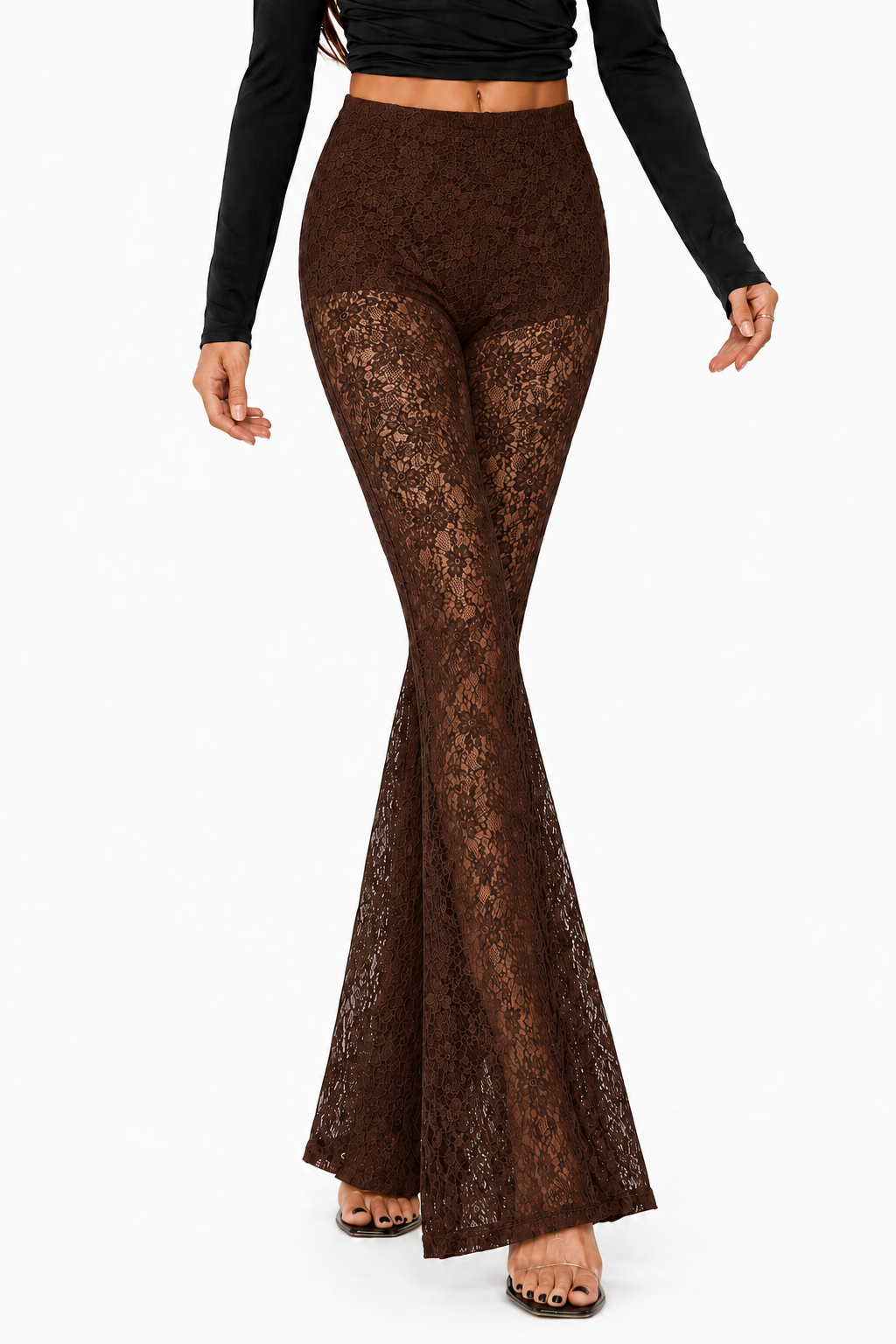 OOTDFY High-Waisted Floral Lace Bell Bottom Trousers