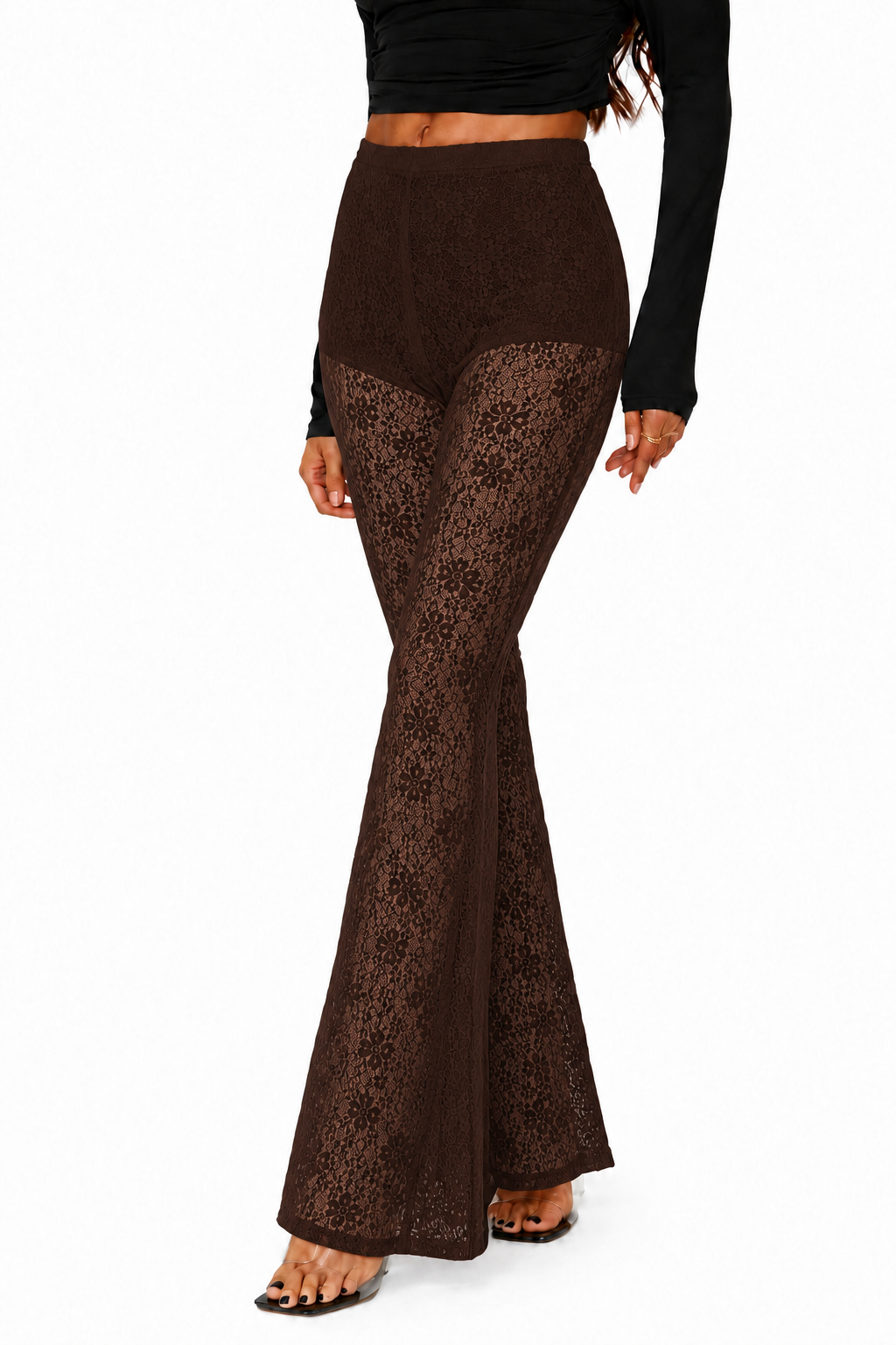 OOTDFY High-Waisted Floral Lace Bell Bottom Trousers