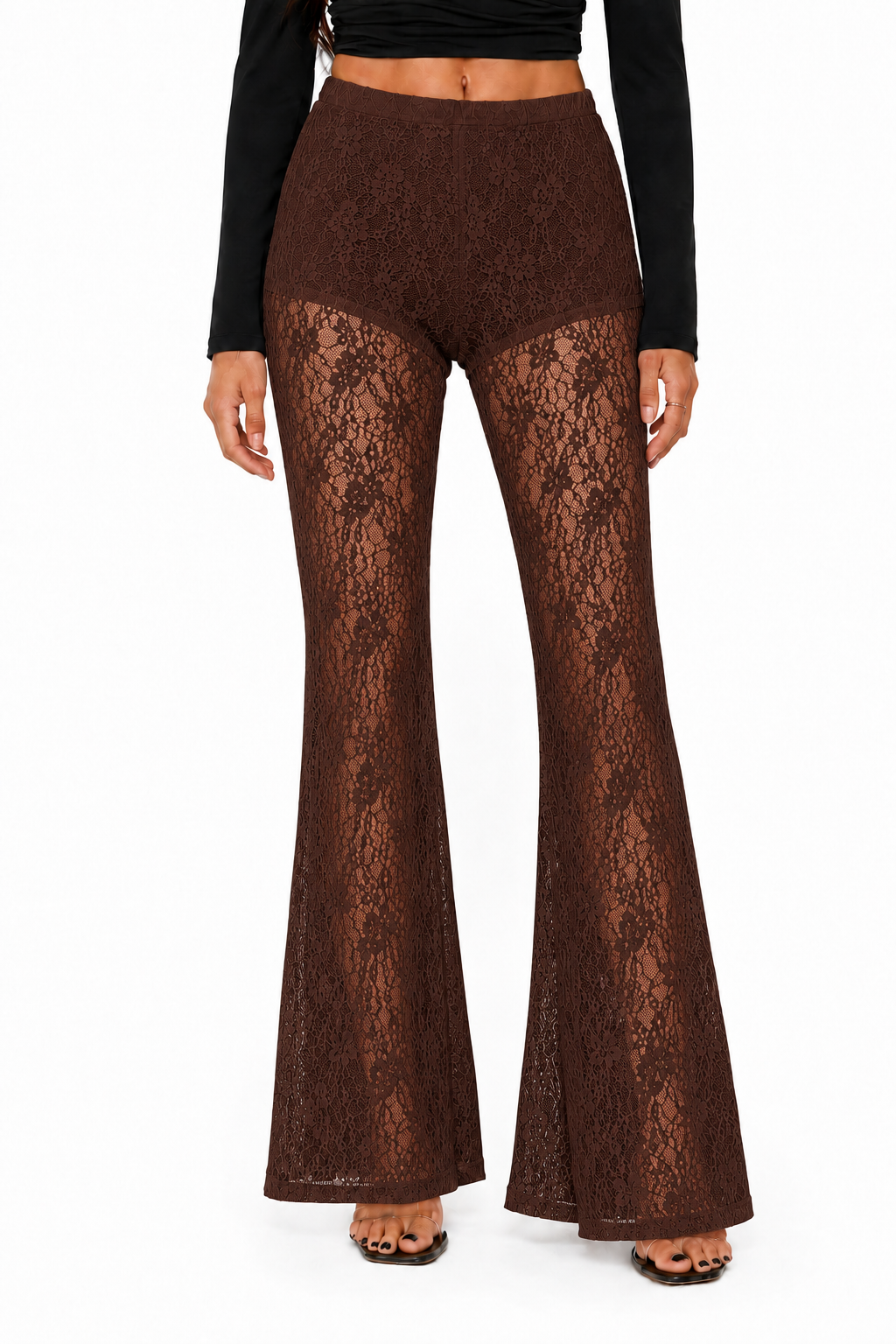 OOTDFY High-Waisted Floral Lace Bell Bottom Trousers