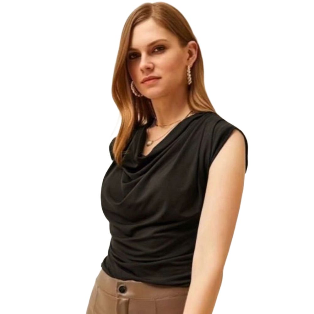 OOTDFY Women's Cowl Neck Top — Black