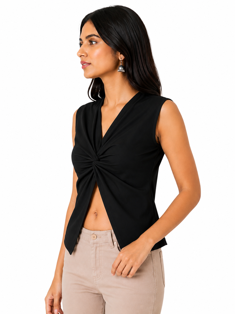 OOTDFY Women's Knot Front Open Top — Black