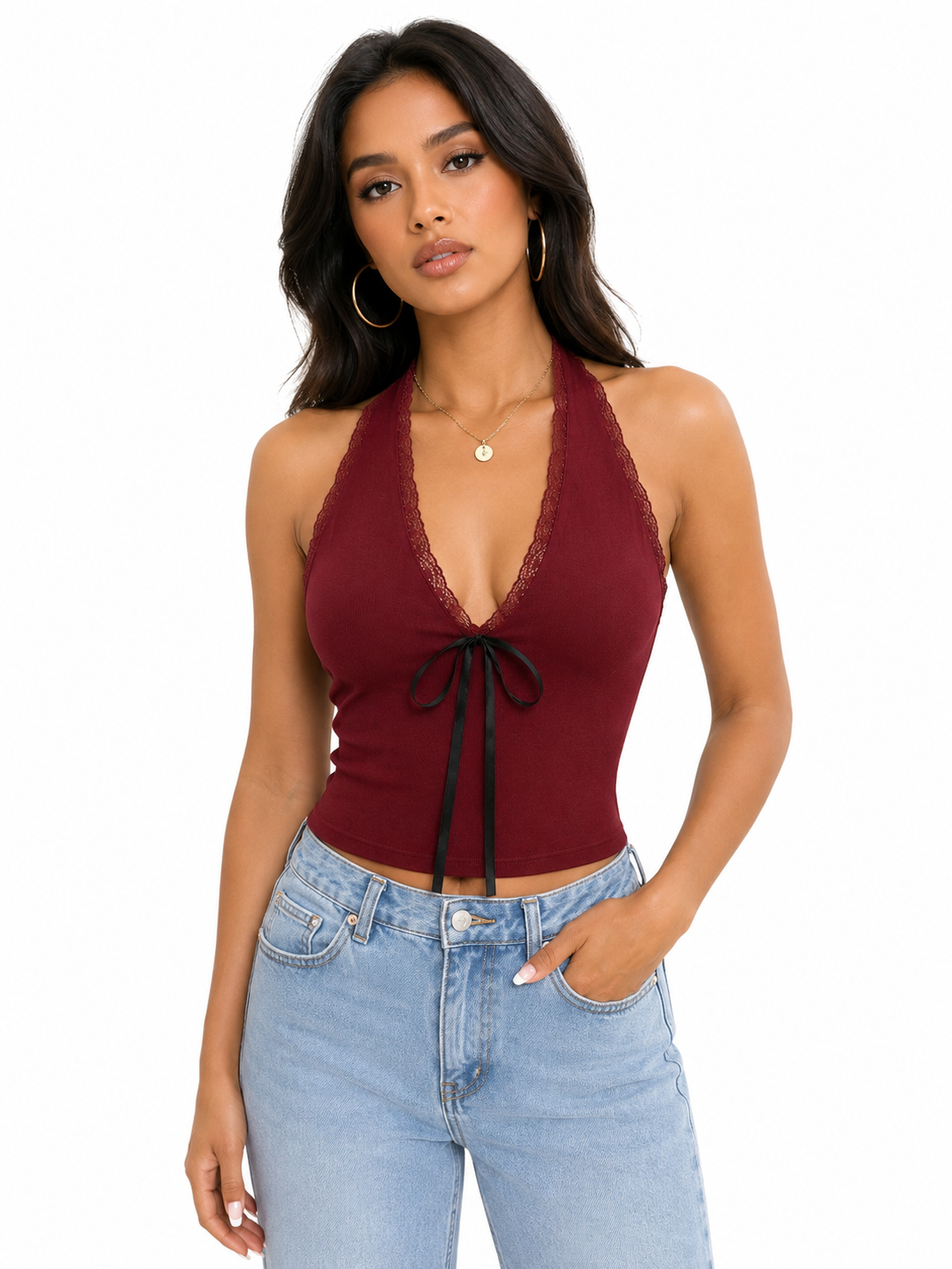 OOTDFY Women's Lace Halter Ribbon Top product image 11