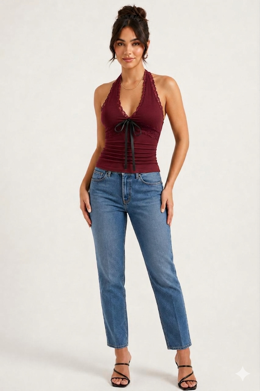 OOTDFY Women's Lace Halter Ribbon Top product image 12