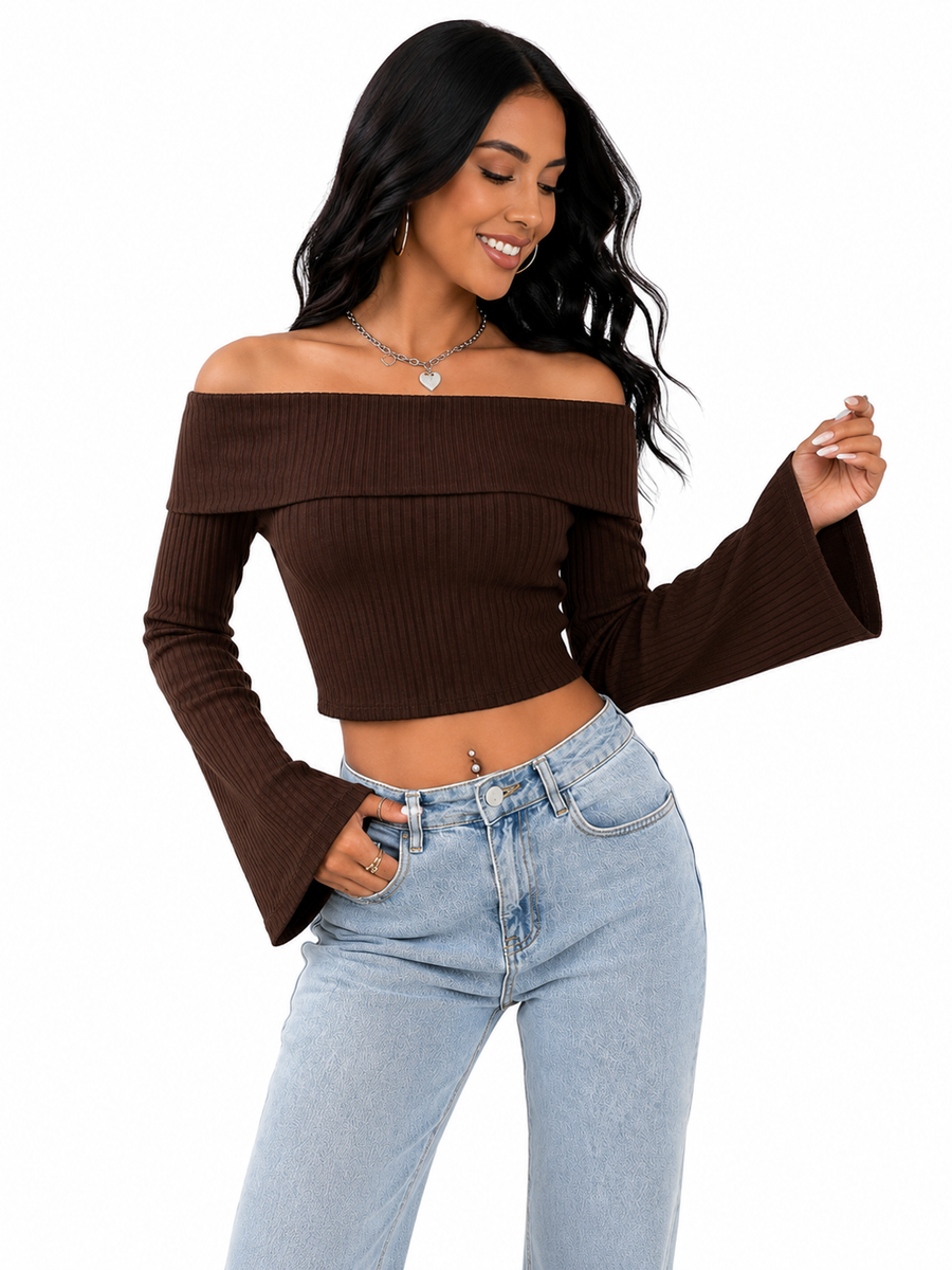 OOTDFY Women's Off Shoulder Bell Sleeve Top — Brown