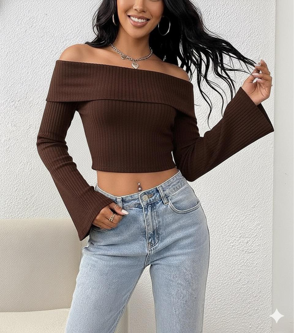 OOTDFY Women's Off Shoulder Bell Sleeve Top product image 2